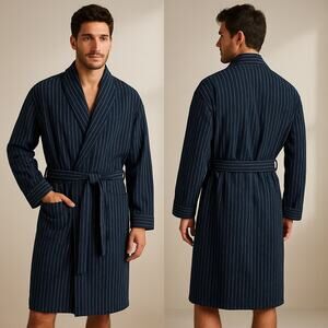 Roundtree & Yorke Men’s 100% Cotton Robe Navy Black Pinstripe Belted | LT/XLT